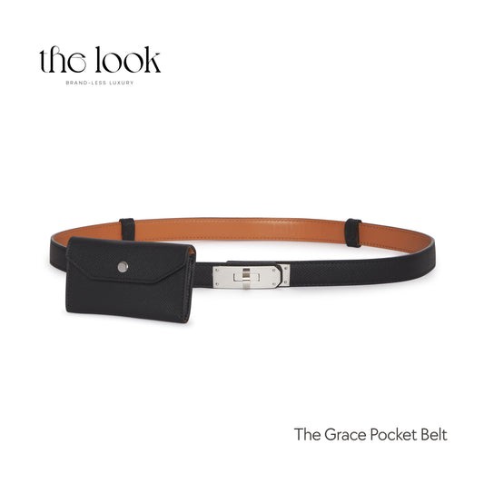 Tan leather belt with silver turn-lock and attached pouch – The Grace Pocket Belt for women in the Philippines