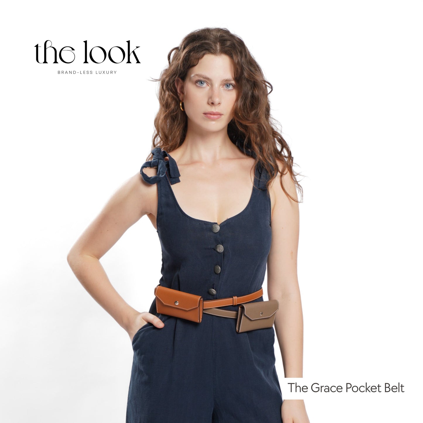 Model styling two Grace Pocket Belts in etoupe and tan leather – detachable mini pouch belts for modern women in the Philippines