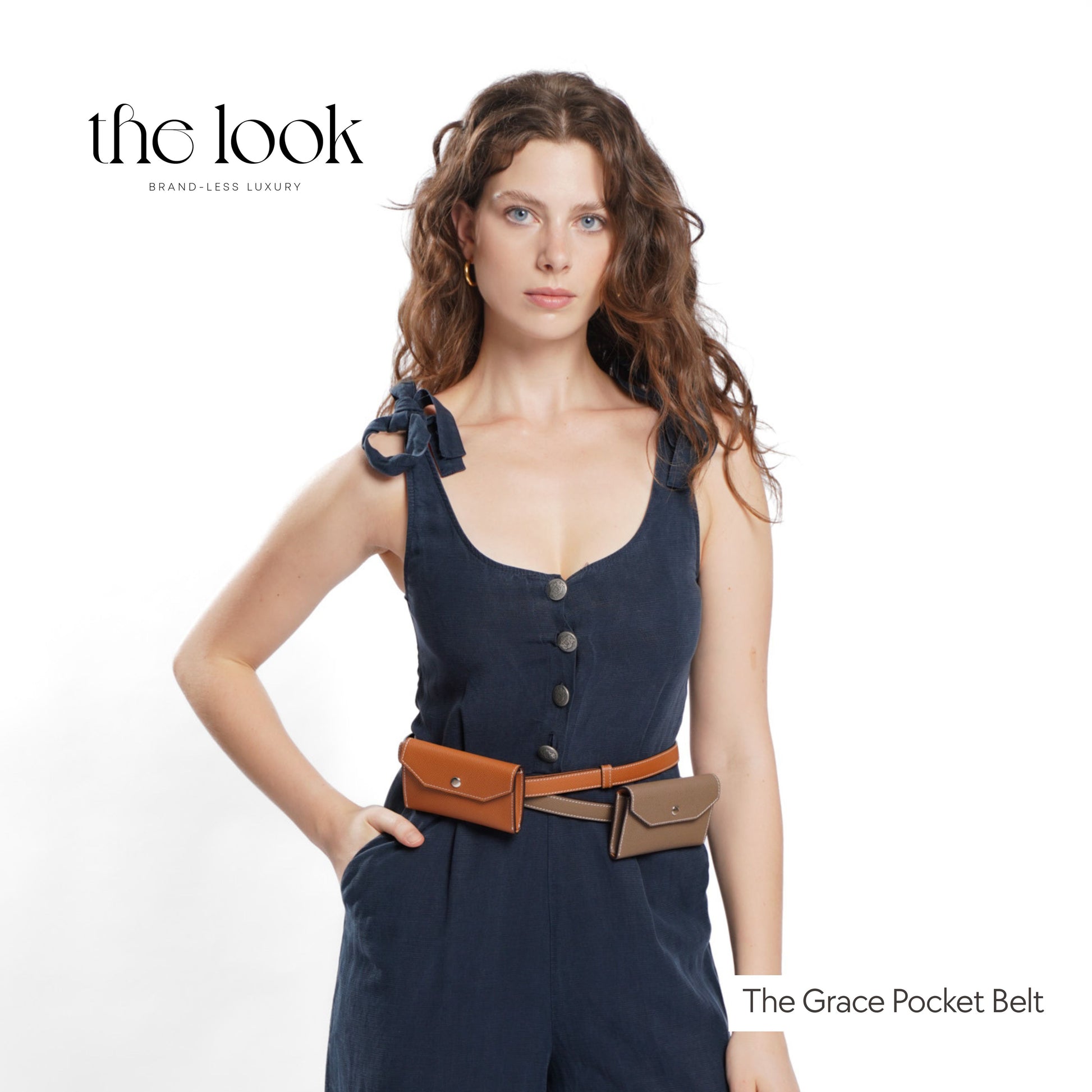 Model styling two Grace Pocket Belts in etoupe and tan leather – detachable mini pouch belts for modern women in the Philippines
