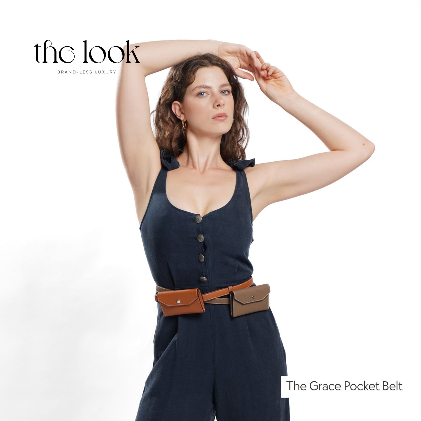 Model wearing tan and etoupe Grace Pocket Belts – premium leather belts with detachable pouch for women in the Philippines