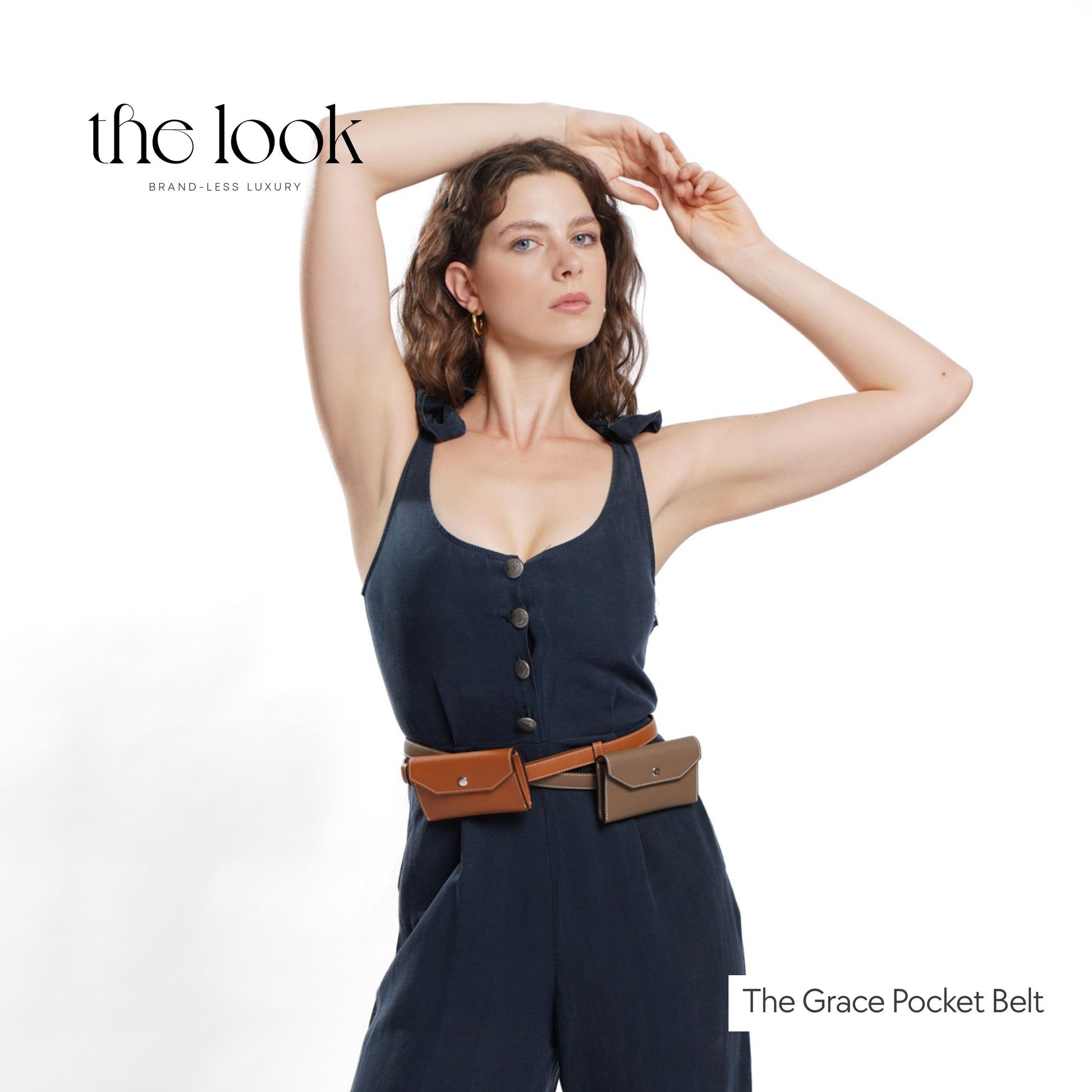 Model wearing tan and etoupe Grace Pocket Belts – premium leather belts with detachable pouch for women in the Philippines