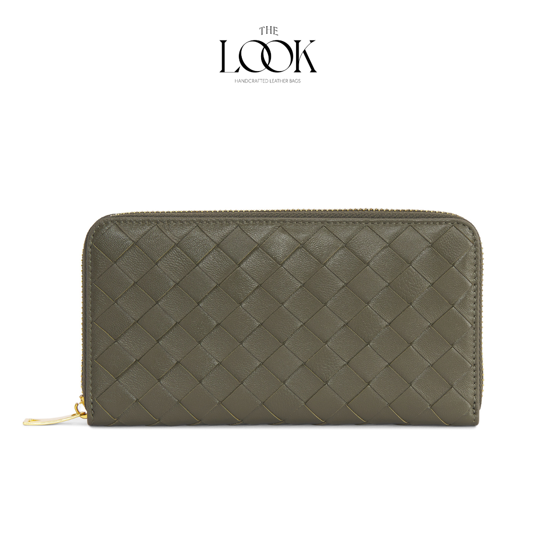 Olive lambskin zip-around long wallet with woven pattern and gold-tone hardware front view