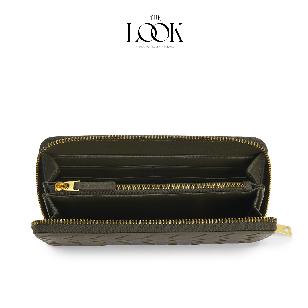 Olive lambskin zip-around long wallet with woven pattern and gold-tone hardware internal view