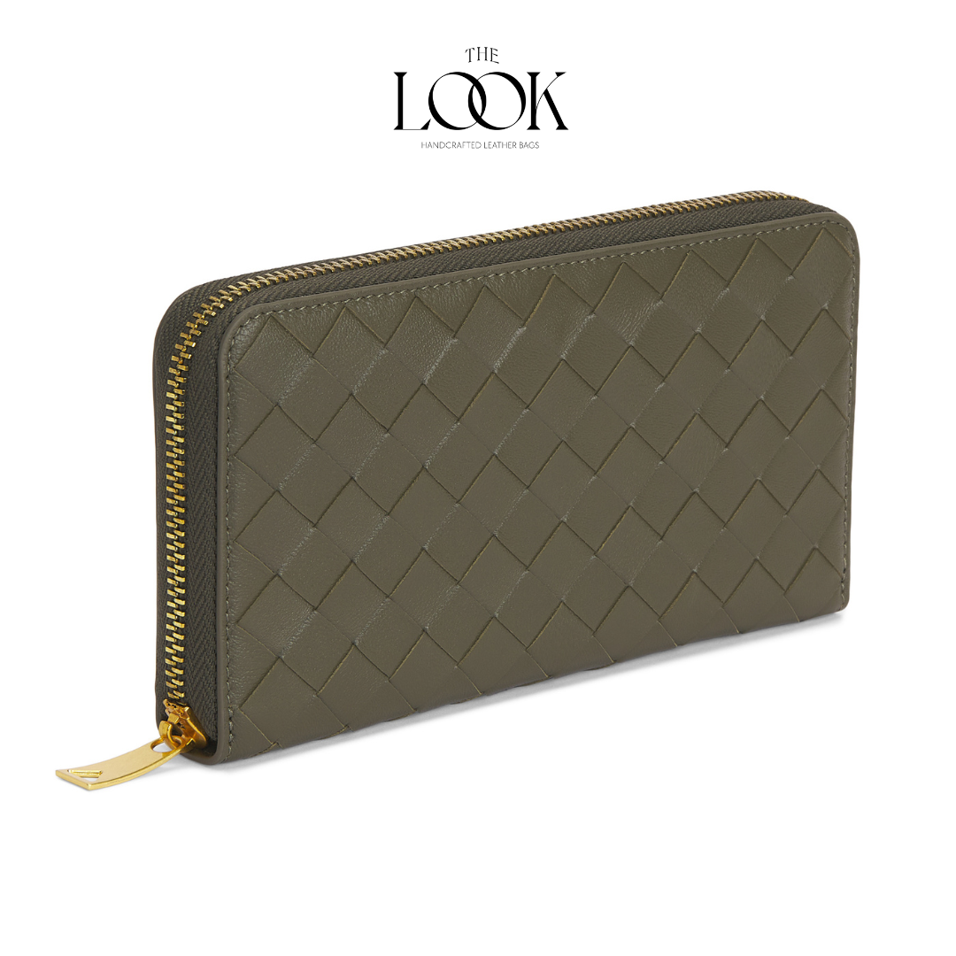 Olive lambskin zip-around long wallet with woven pattern and gold-tone hardware angled view