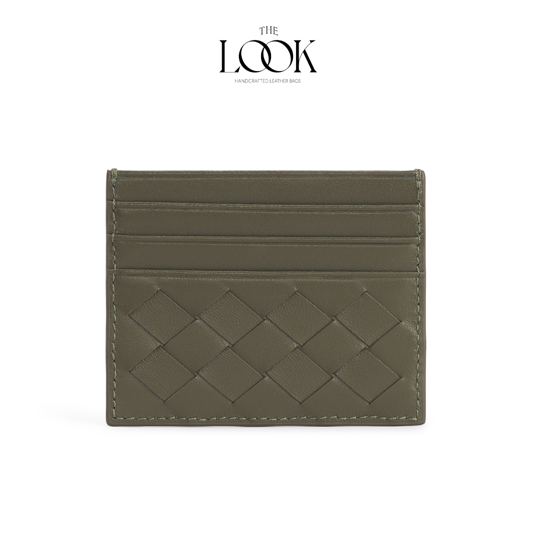 Loop card holder olive lambskin embossed woven pattern front view three card slots