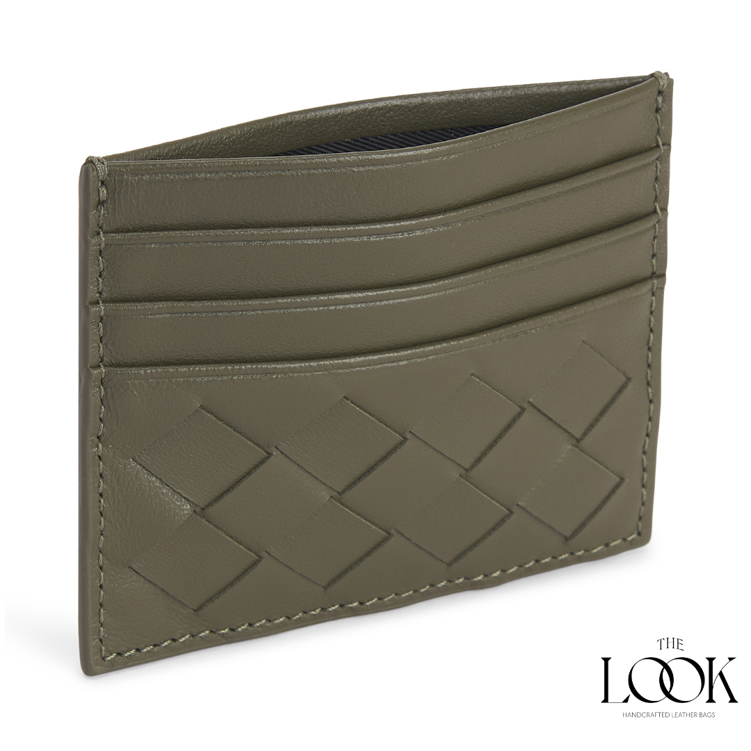 Loop card holder olive lambskin embossed woven pattern angled view three card slots