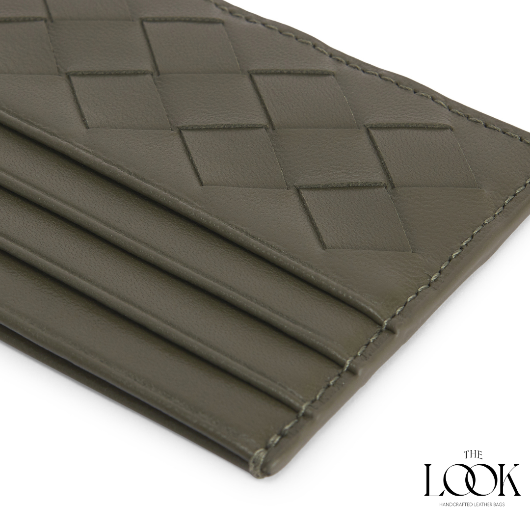 Loop card holder olive lambskin embossed woven pattern detailed view three card slots