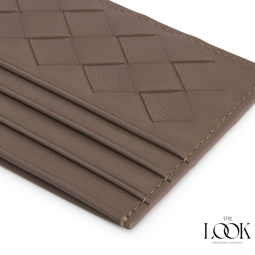 Loop card holder pinecone lambskin embossed woven pattern detailed view three card slots