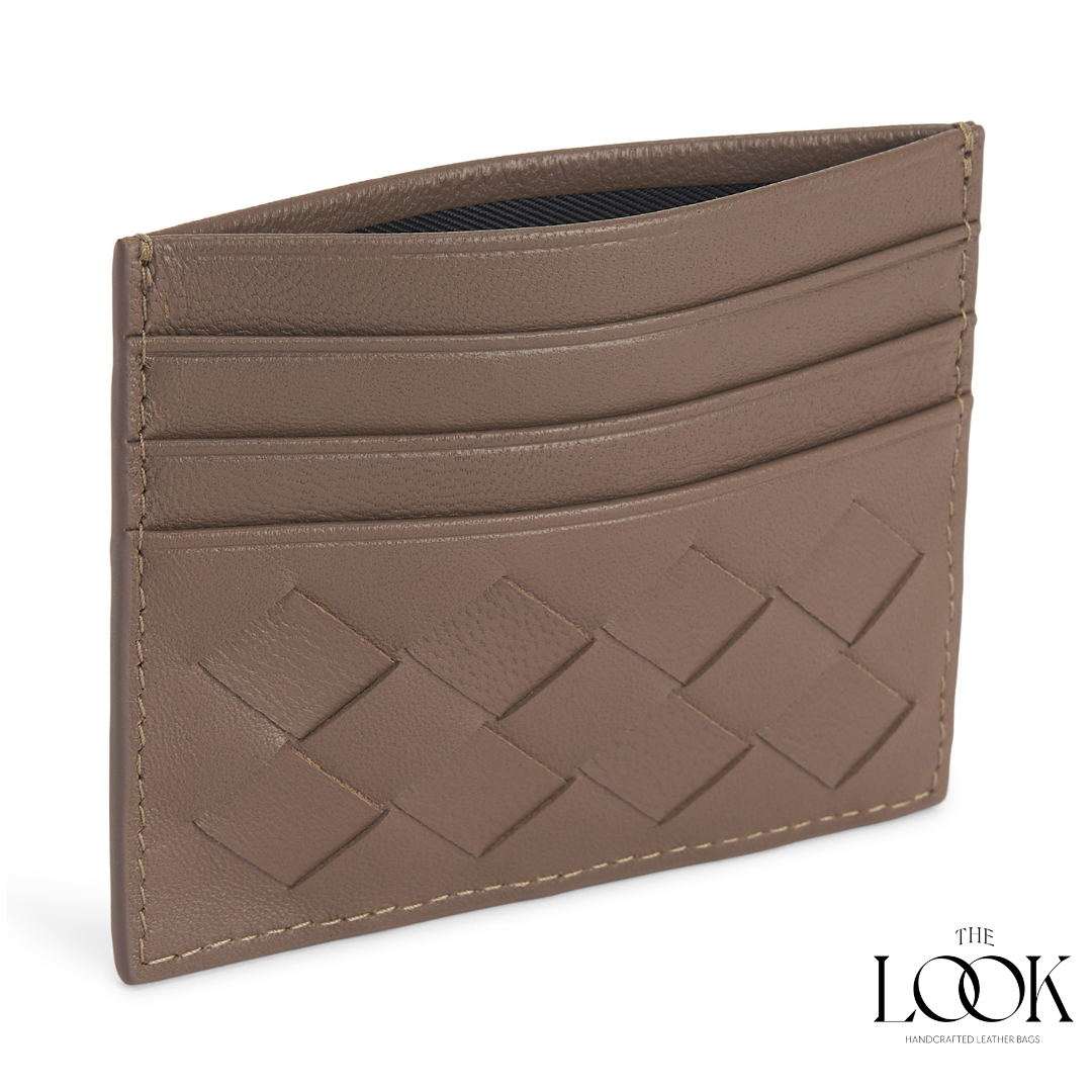 Loop card holder pinecone lambskin embossed woven pattern angled view three card slots