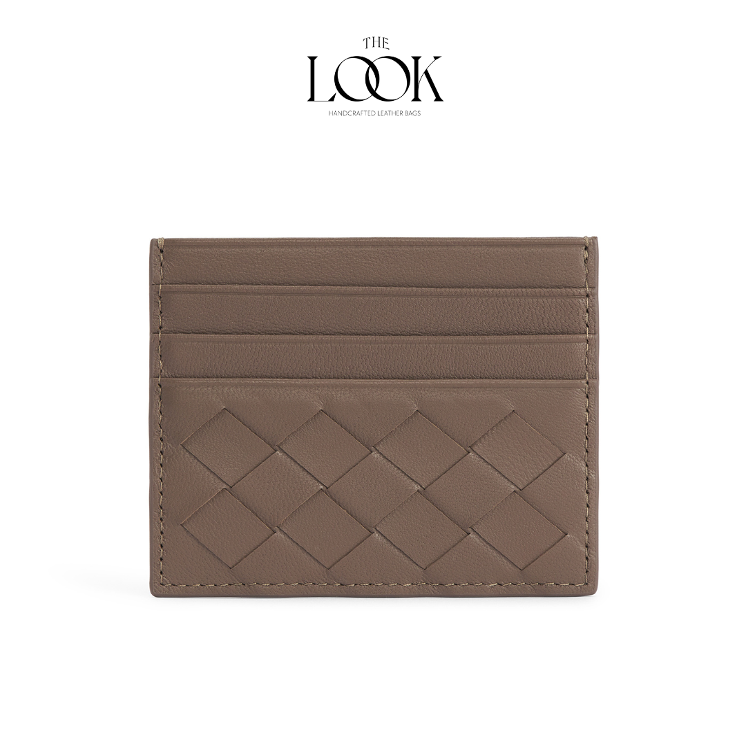 Loop card holder pinecone lambskin embossed woven pattern front view three card slots
