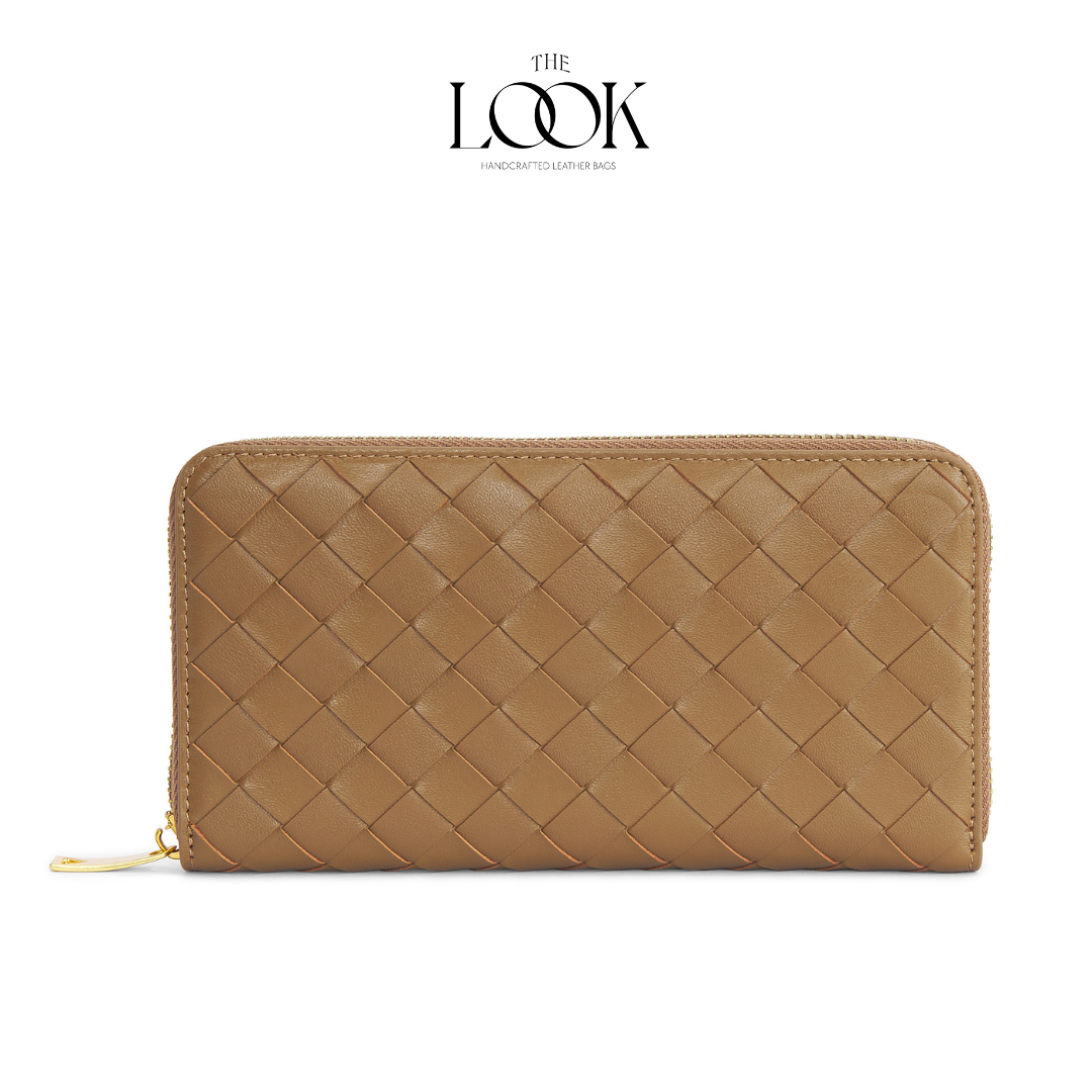 Praline lambskin zip-around long wallet with woven pattern and gold-tone hardware front view