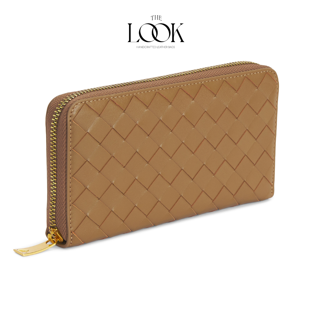 Praline lambskin zip-around long wallet with woven pattern and gold-tone hardware angled view