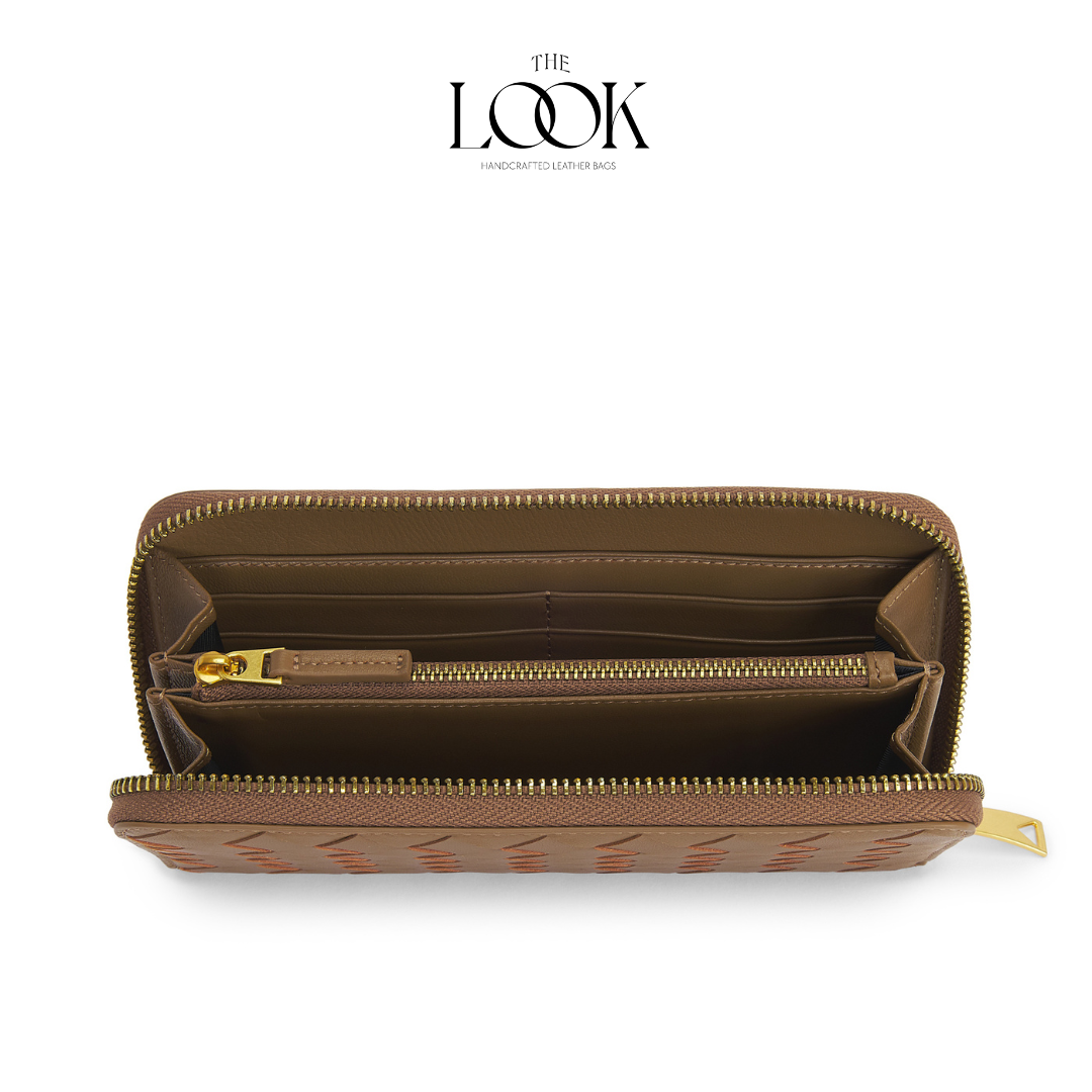 Praline lambskin zip-around long wallet with woven pattern and gold-tone hardware internal view