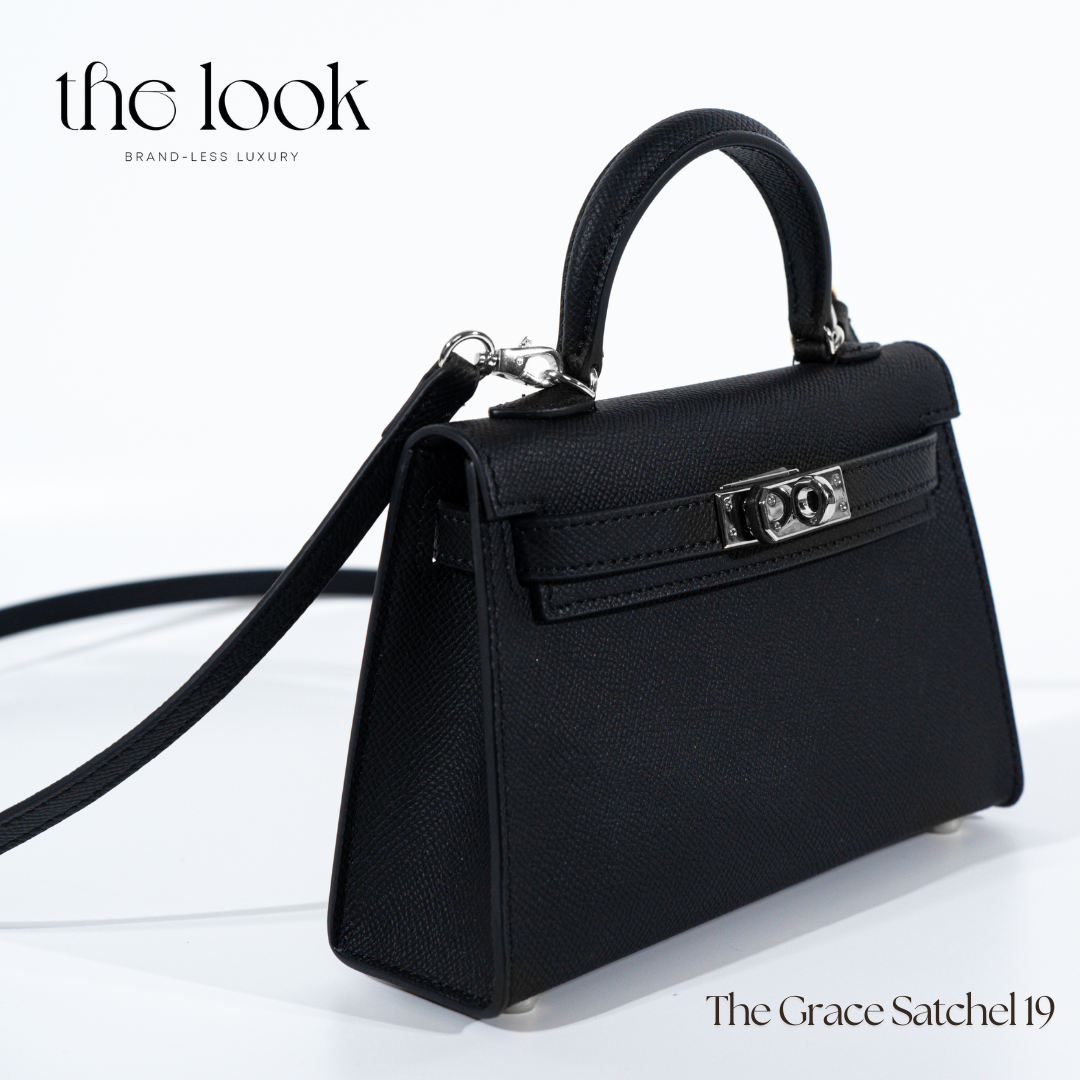Side profile of the structured evening bag, black Epsom leather with silver hardware, handmade by The Look Officiel.